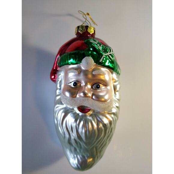 Huge Santa Claus Head Christmas Tree Ornament 8" Glitter Glass Moustache Holiday - Picture 8 of 8